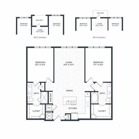 Floor plan for 2 beds, 2 baths, 1166 sqft